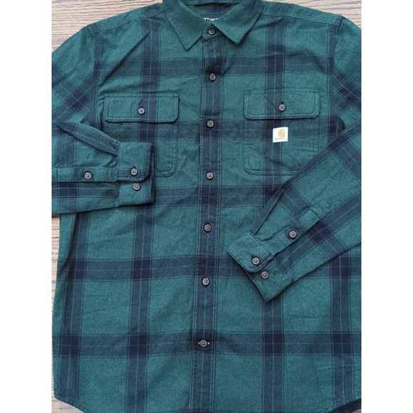 Carhartt Men's Loose Fit Heavyweight Flannel Long Sleeve Green Plaid Shirt Sz S - Picture 1 of 9
